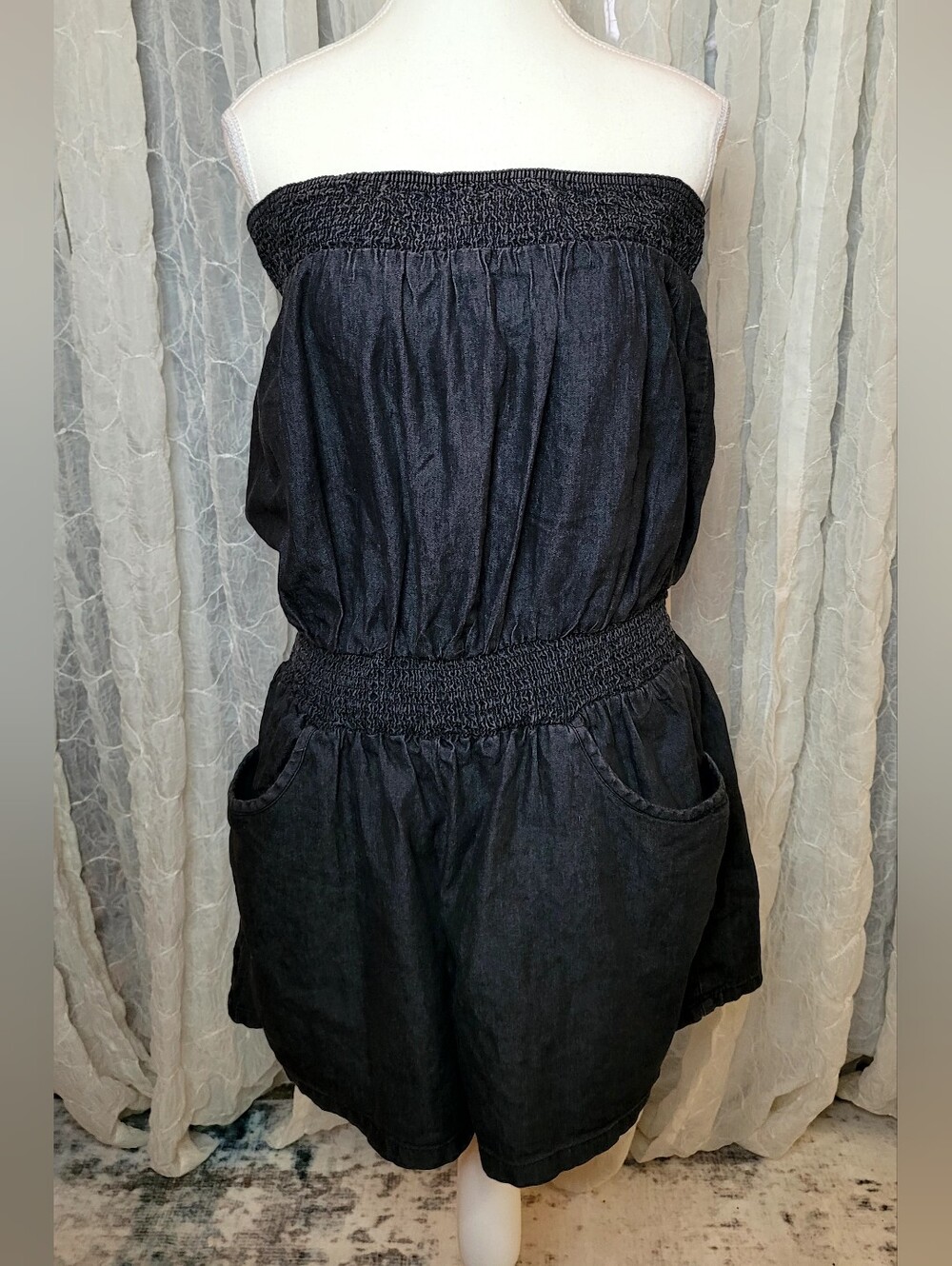 Gold Drama Dark Wash Denim Chambray Strapless Smocked Romper Cotton Blend 2X